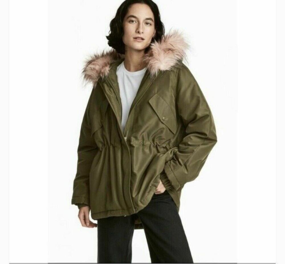 H&M Parka Jacket Women M Khaki Green Hood Faux Fur Trim Coat Full Zip Heritage